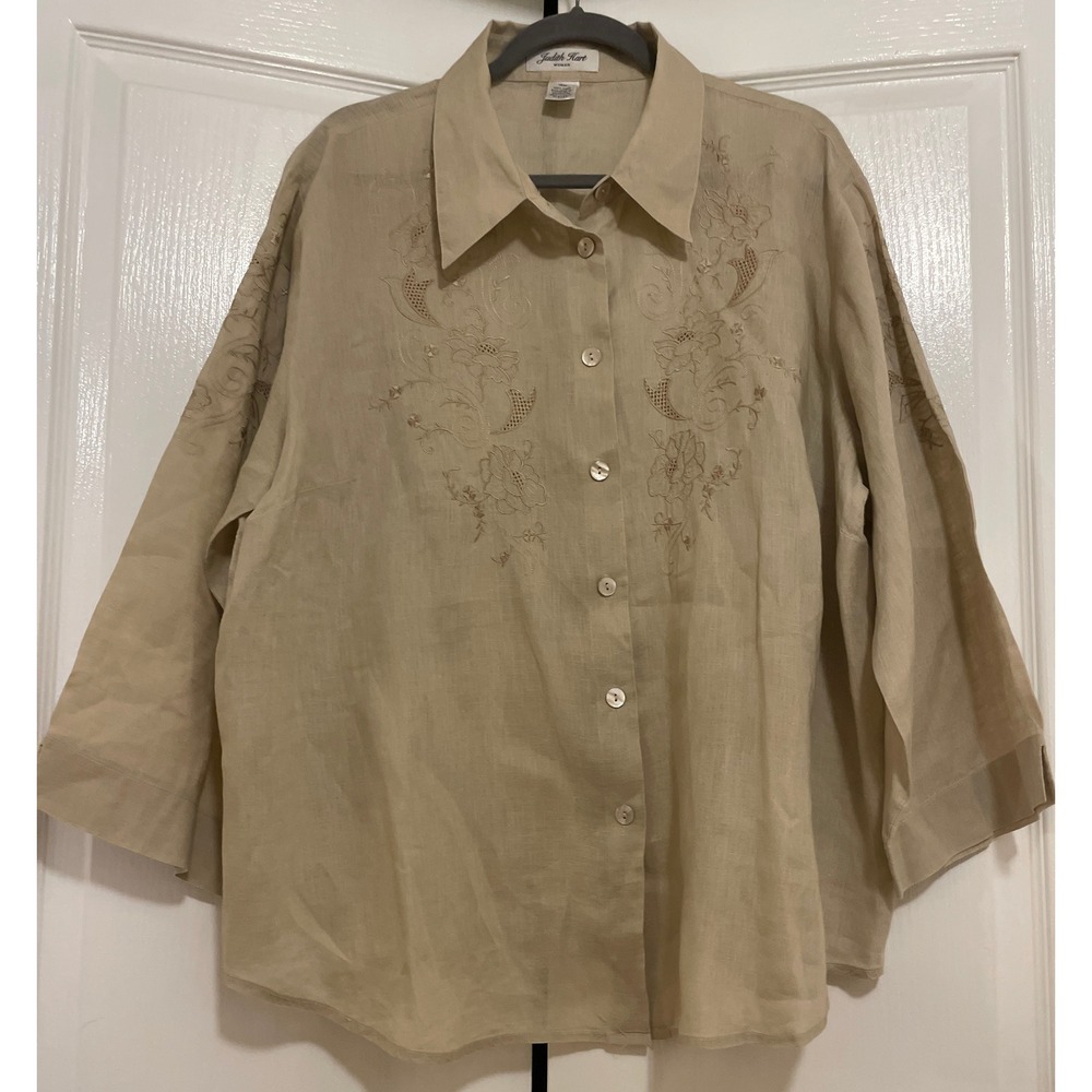 Judith Hart Blouse Womens Sz 18W Linen Floral Embroidered Button Up Casual Beige